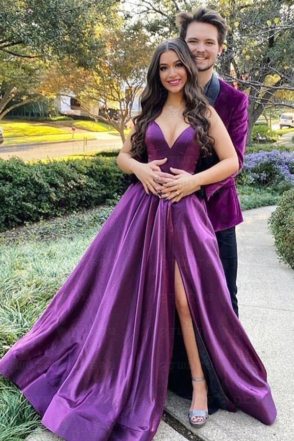 Showprettydess Spaghetti-Straps Purple V-Neck Prom Dress-showprettydress