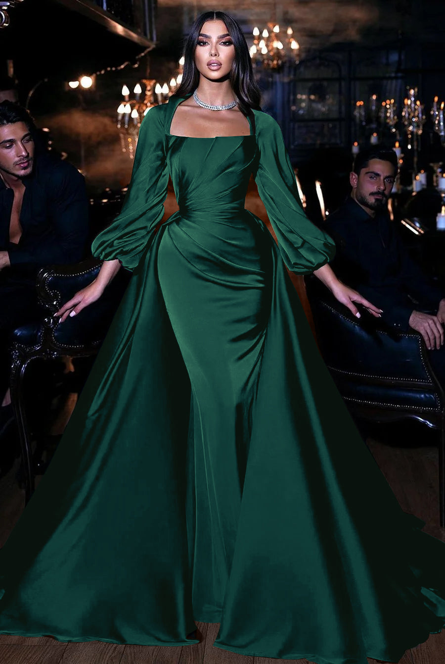 Showprettydess Square Emerald Long Sleeves Mermaid Prom Dress with Ruffles-showprettydress