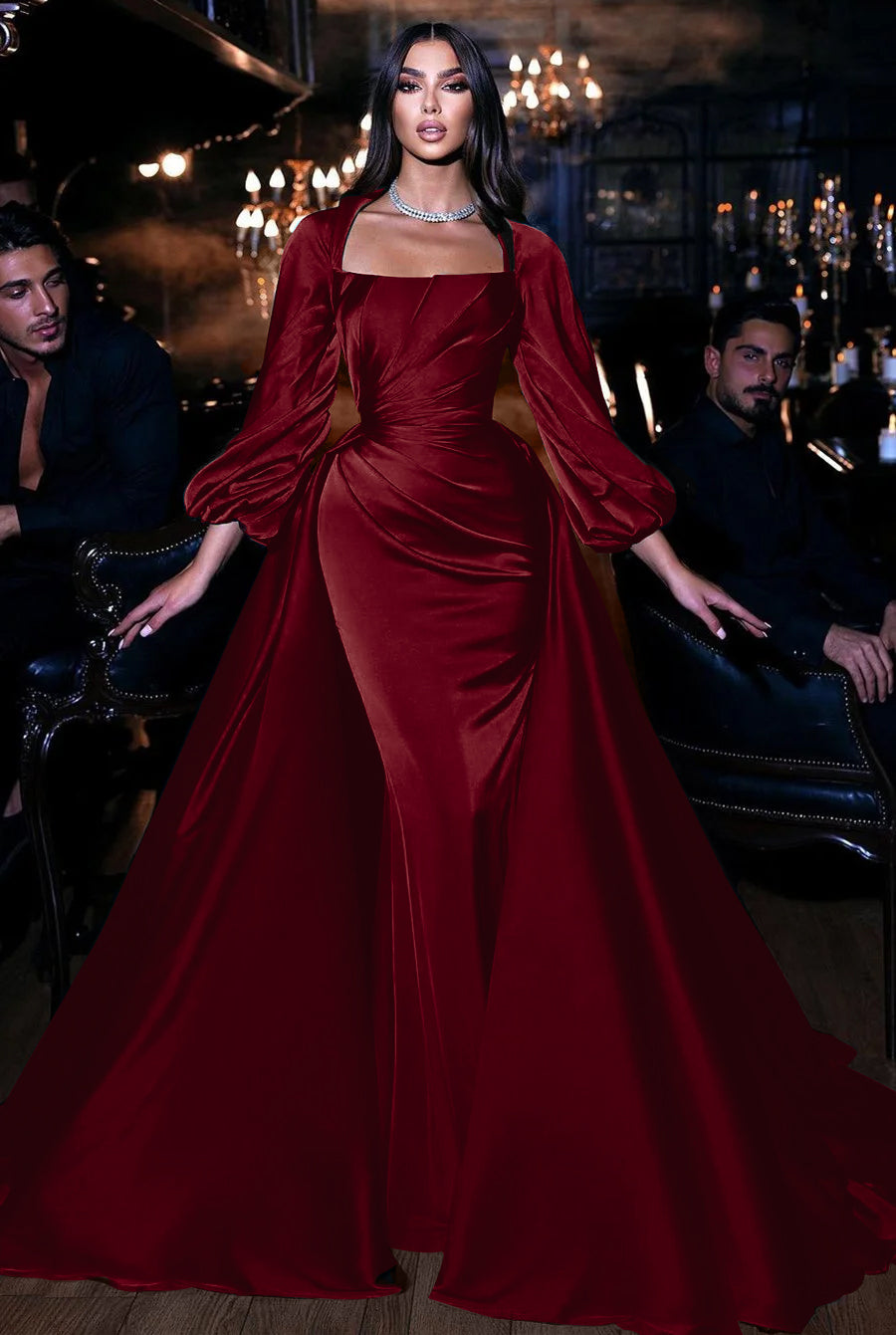 Showprettydess Square Emerald Long Sleeves Mermaid Prom Dress with Ruffles-showprettydress