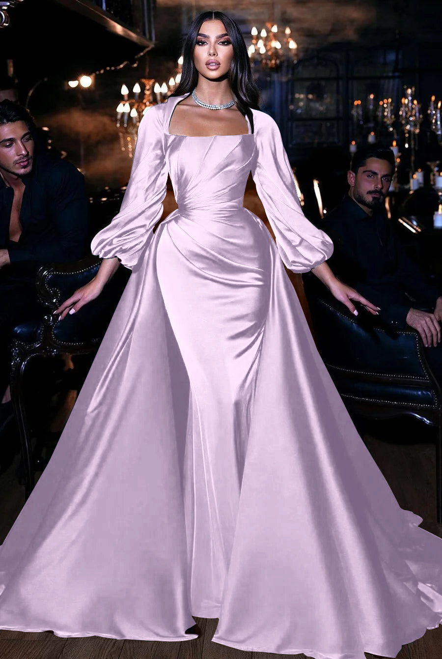 Showprettydess Square Emerald Long Sleeves Mermaid Prom Dress with Ruffles-showprettydress