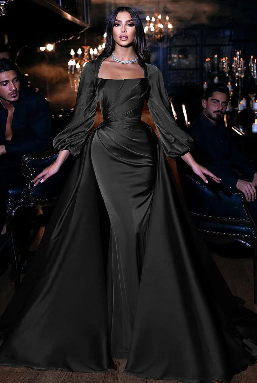 Showprettydess Square Emerald Long Sleeves Mermaid Prom Dress with Ruffles-showprettydress