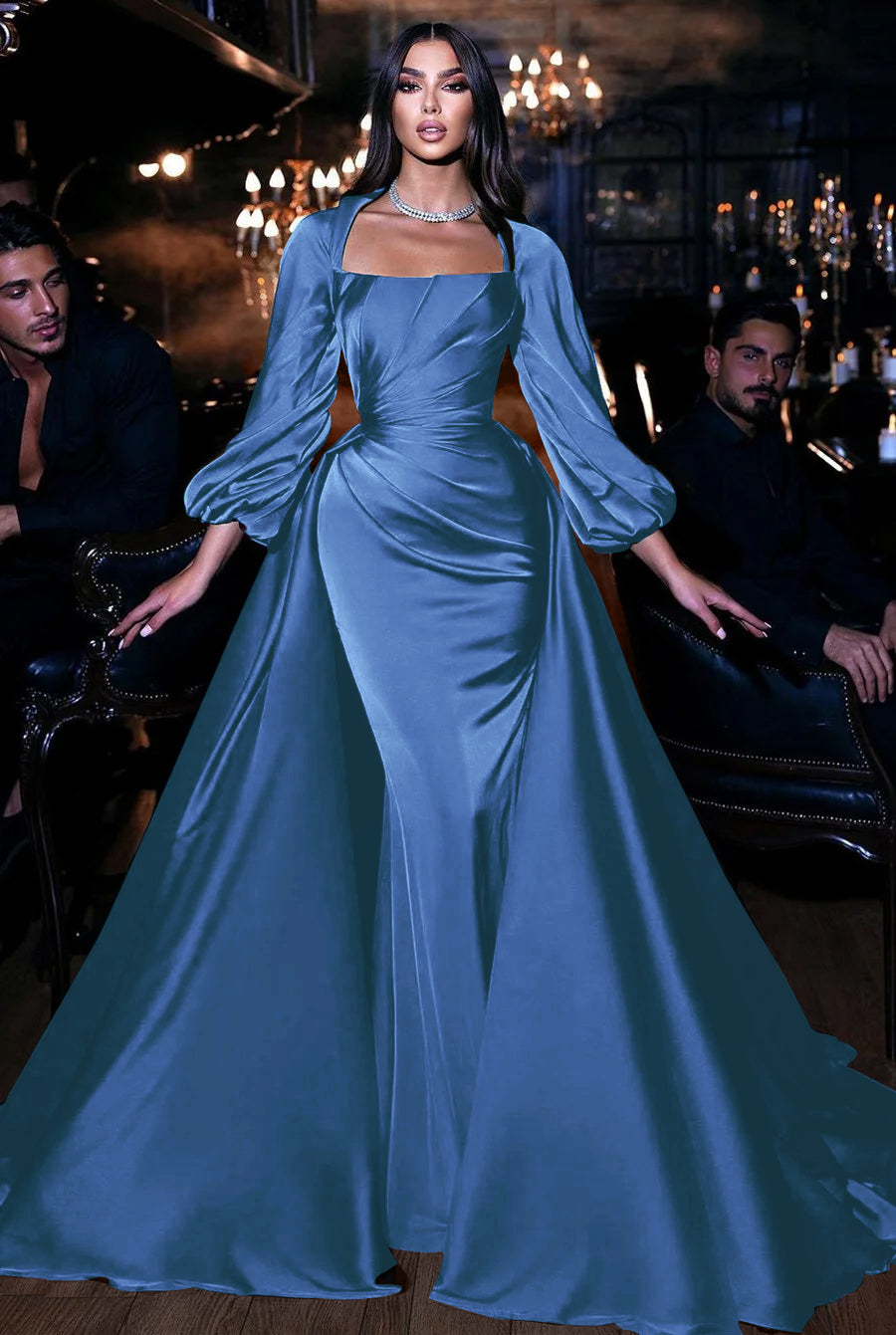 Showprettydess Square Emerald Long Sleeves Mermaid Prom Dress with Ruffles-showprettydress