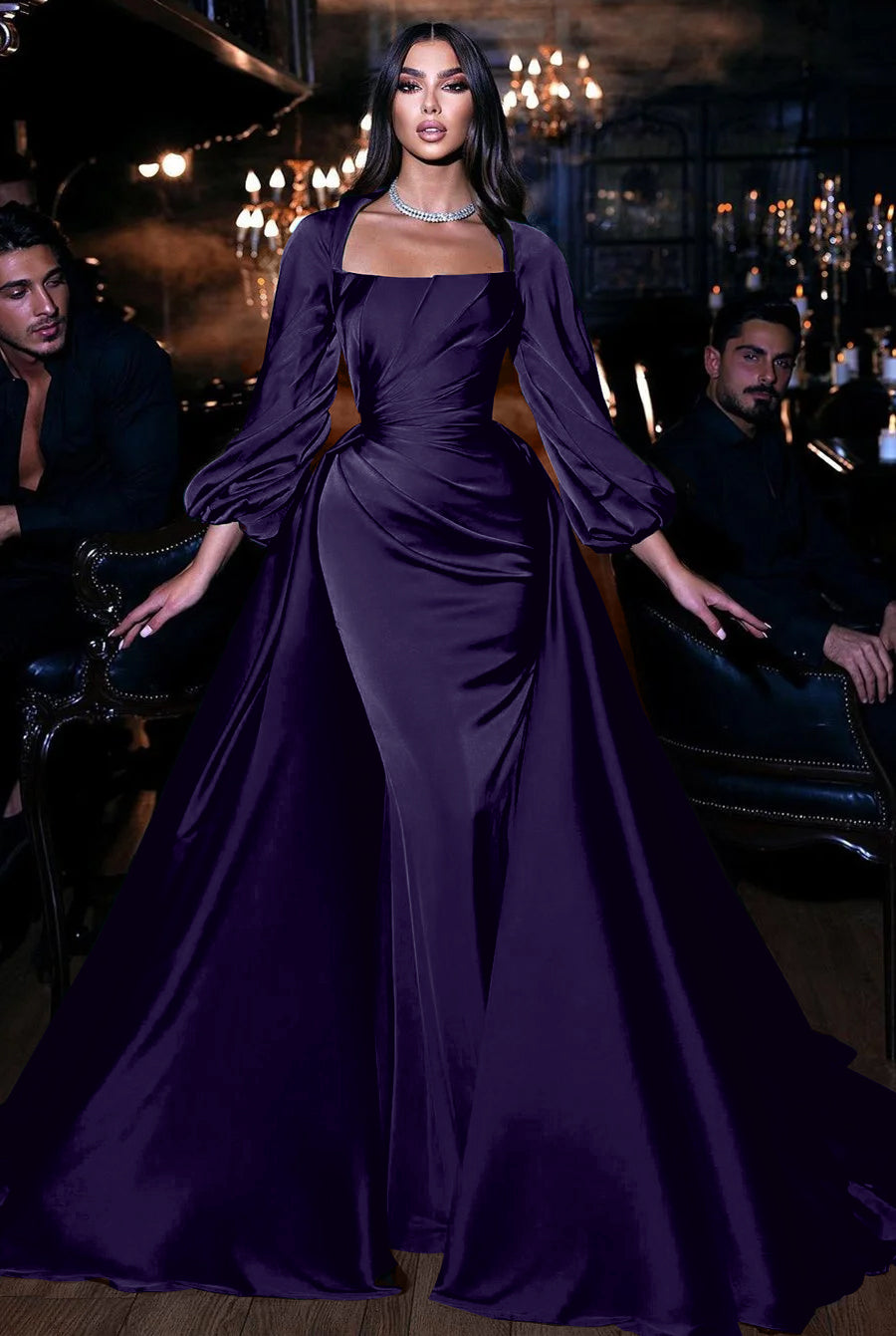 Showprettydess Square Emerald Long Sleeves Mermaid Prom Dress with Ruffles-showprettydress