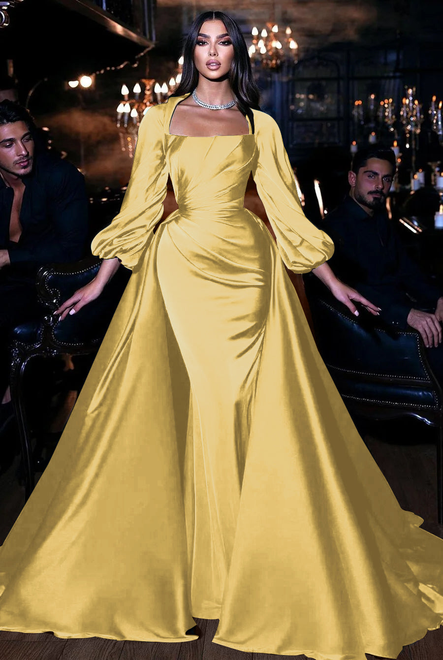 Showprettydess Square Emerald Long Sleeves Mermaid Prom Dress with Ruffles-showprettydress