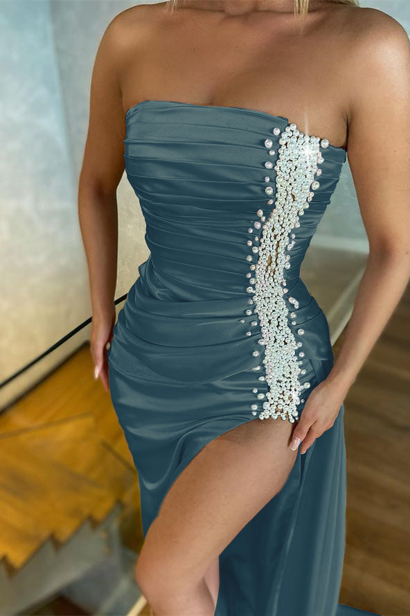 Showprettydess Strapless Light Pink Pearl Mermaid Evening Dress with Split & Sleeveless Design-showprettydress