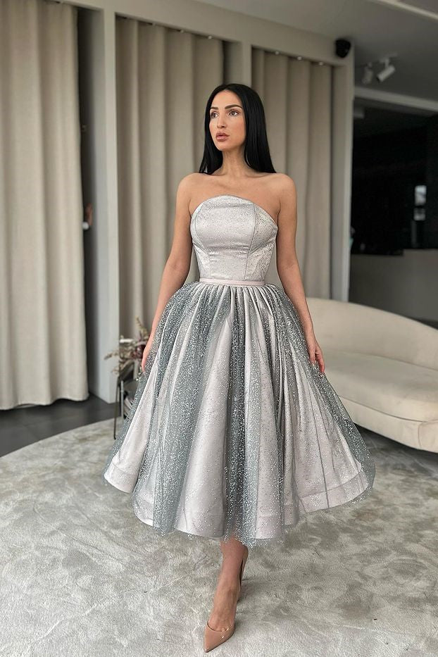 Showprettydess Strapless Silver Short A-Line Prom Dress with Sequins-showprettydress