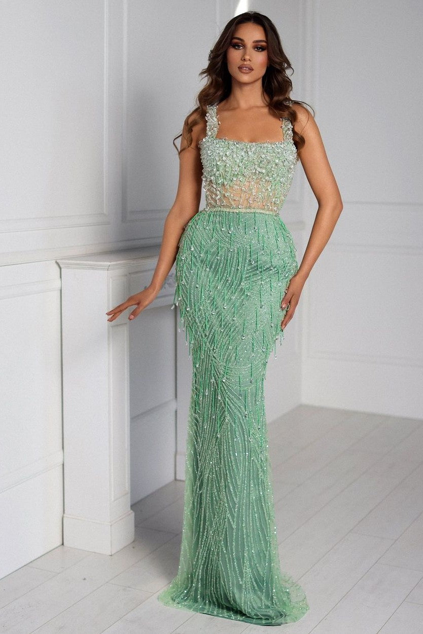 Showprettydess Straps Sage Mermaid A-Line Prom Dress with Unique Beads-showprettydress