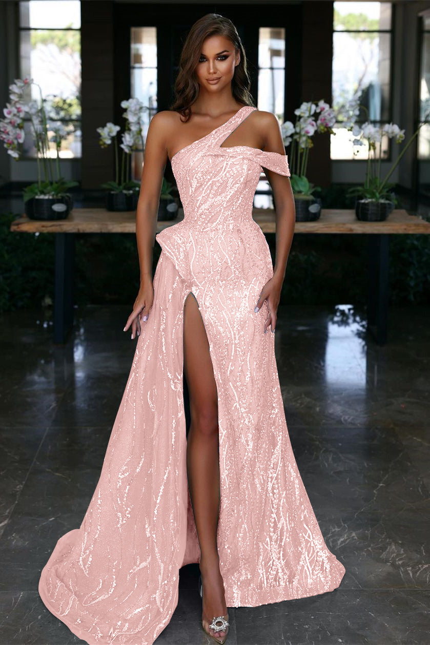 Showprettydess Stunning One-Shoulder A-Line Prom Dress with Tulle Side Split & Appliques-showprettydress