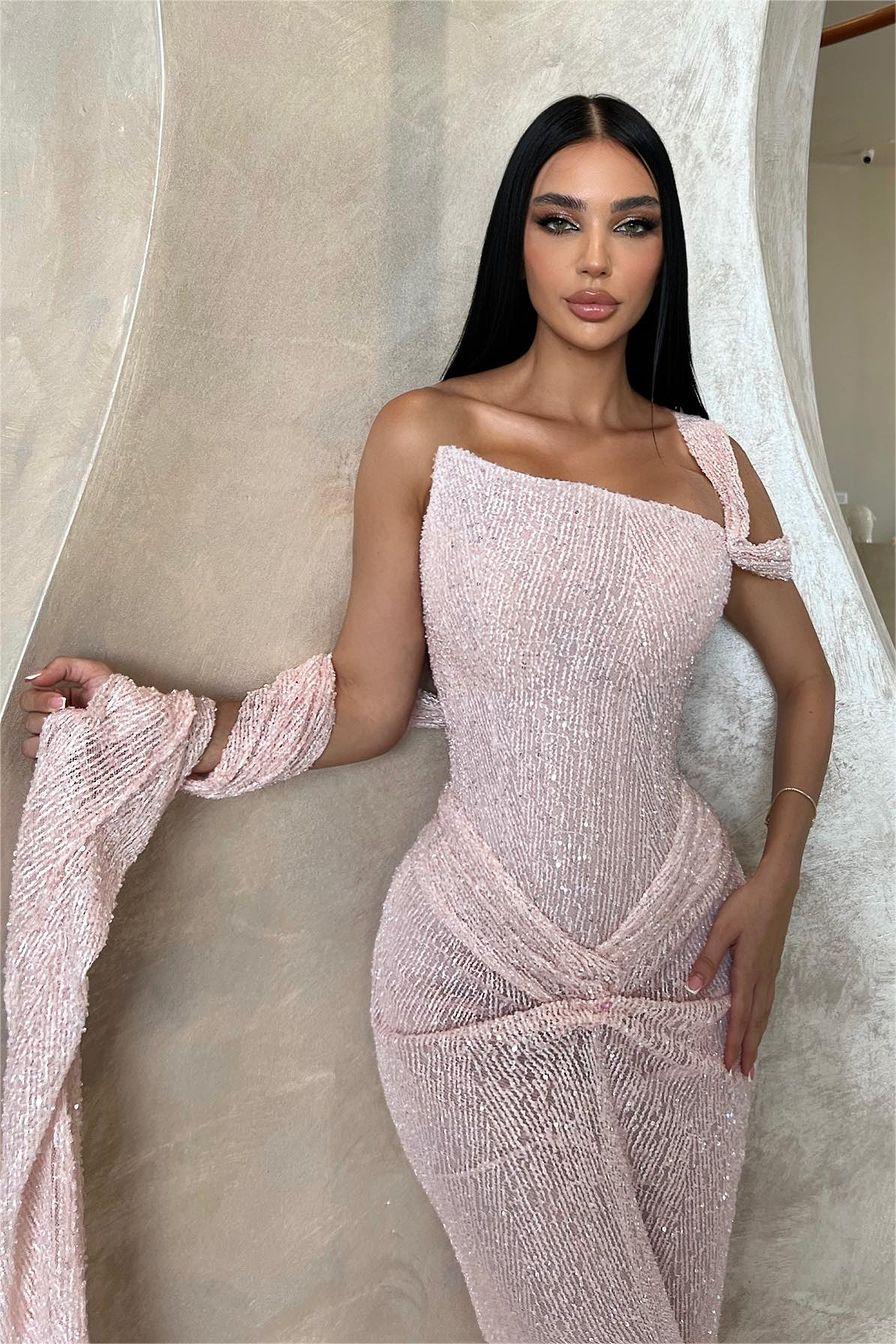 Showprettydess Stunning Pink Sequined One-Shoulder Sleeveless Slim Prom Dress with Pleats-showprettydress
