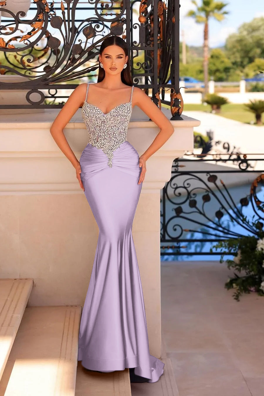 Showprettydess Stunning Purple Satin Sleeveless Spaghetti Strap Mermaid Prom Dress with Beadings-showprettydress