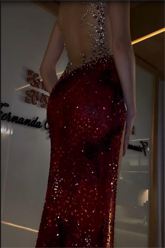 Showprettydess Stunning Red Sequined Strapless Sleeveless Long Prom Dress with Beadings & Split-showprettydress