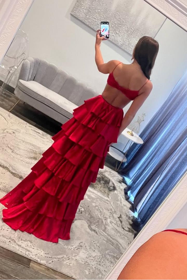 Showprettydess Stunning Red Velvet Spaghetti Strap V-Neck Sleeveless Prom Dress with Split & Ruffles-showprettydress