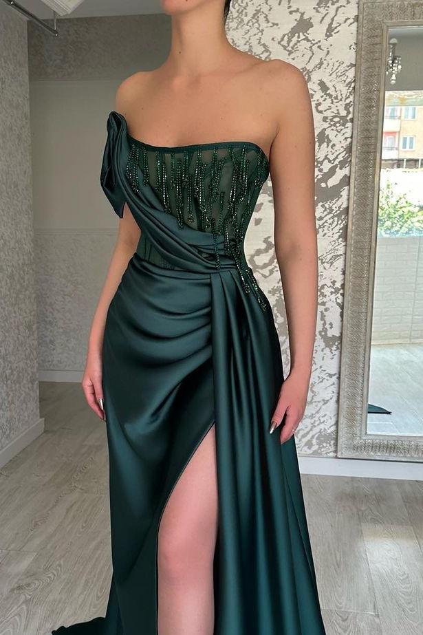 Showprettydess Stunning Satin Dark Green Sleeveless Strapless Pleated Split Prom Dress with Beadings-showprettydress