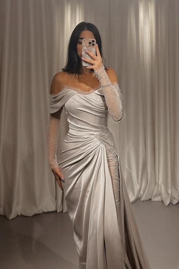 Showprettydess Stunning Silver Satin Strapless Off-the-Shoulder Long Sleeves Prom Dress with Pleats-showprettydress