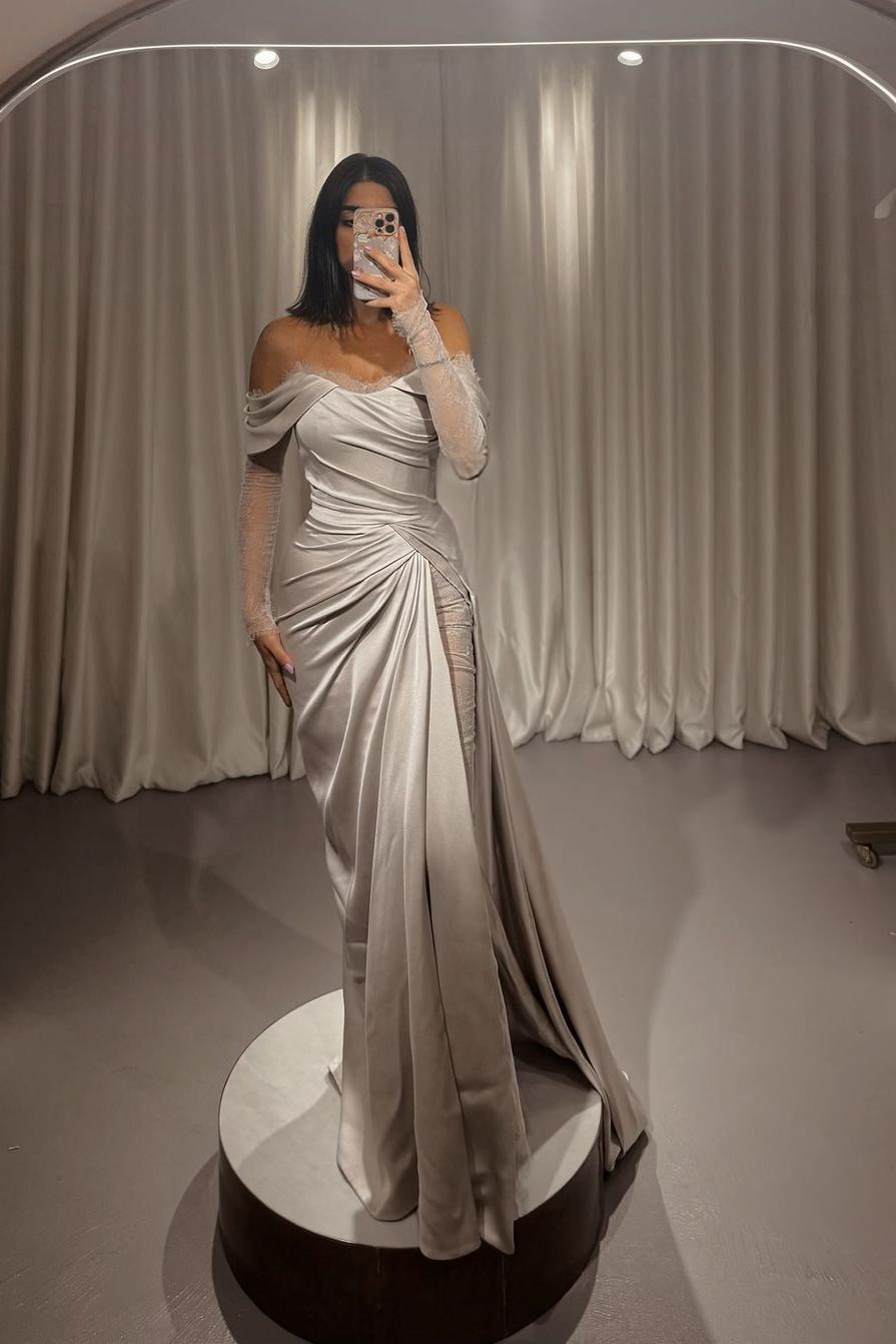 Showprettydess Stunning Silver Satin Strapless Off-the-Shoulder Long Sleeves Prom Dress with Pleats-showprettydress