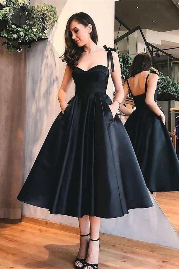 Showprettydess Sweetheart Black A-Line Spaghetti-Strap Tea Length Evening Dress with Pockets-showprettydress