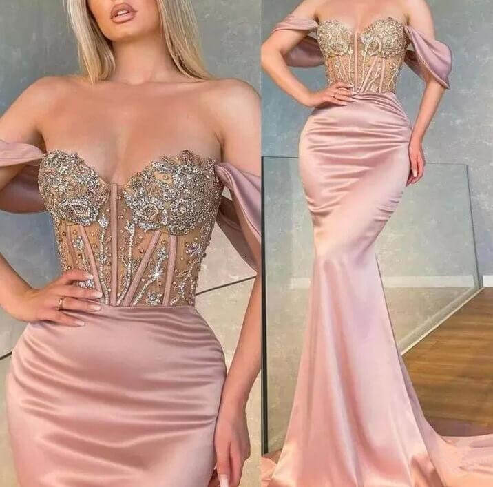 Showprettydess Sweetheart Long Off-the-Shoulder Mermaid Prom Dress with Beads-showprettydress