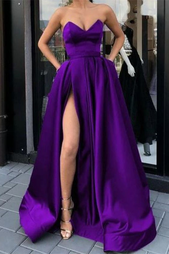 Showprettydess Sweetheart Long Prom Dress in Purple with Split & Pockets-showprettydress