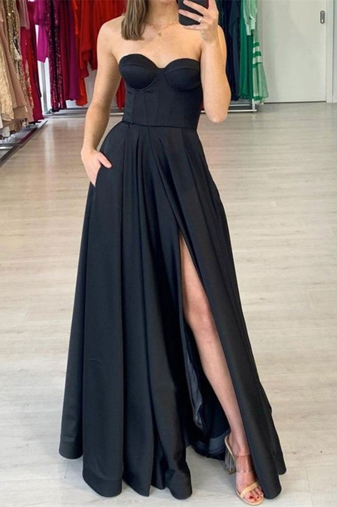 Showprettydess Sweetheart Prom Dress Black Split with Pockets-showprettydress