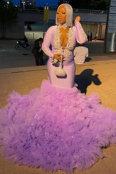 Showprettydess V-Neck Long Sleeves Mermaid Prom Dress with Tulle Trumpet & Appliqu¨¦s-showprettydress