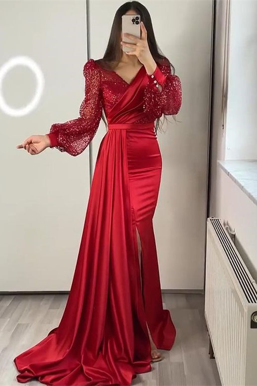 Showprettydess V-Neck Long Sleeves Sequined Mermaid Split Evening Dress with Ruffle-showprettydress