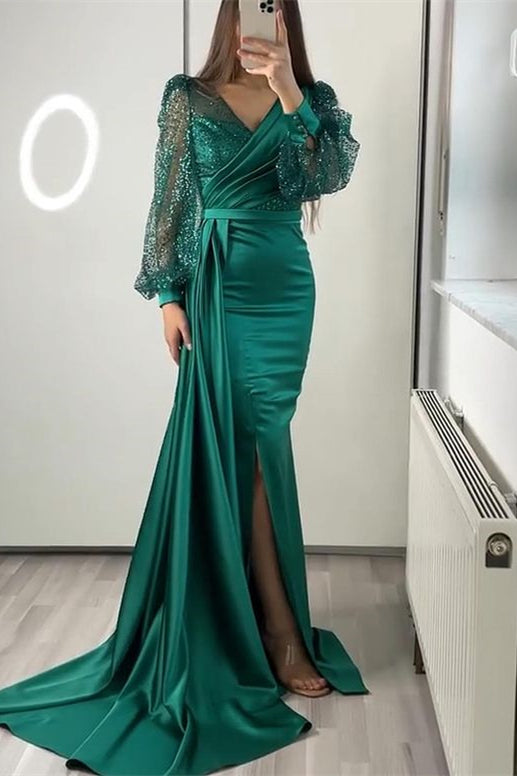 Showprettydess V-Neck Long Sleeves Sequined Mermaid Split Evening Dress with Ruffle-showprettydress