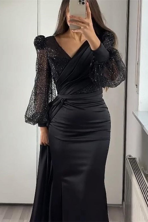 Showprettydess V-Neck Long Sleeves Sequined Mermaid Split Evening Dress with Ruffle-showprettydress