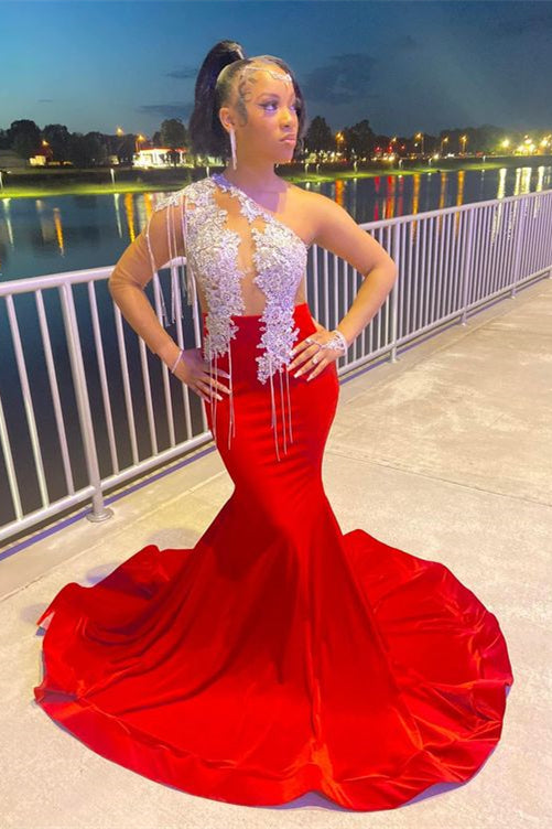 Showprettydess White and Red Sleeveless Mermaid Prom Dress with Trumpet Shape & Tassel Appliques-showprettydress