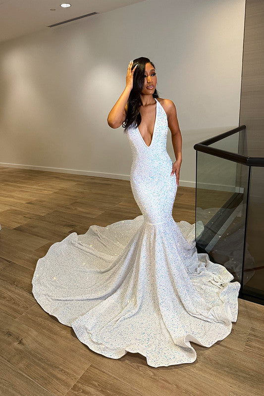 Showprettydess White Deep V-Neck Laser Light Sleeveless Mermaid Princess Prom Dress with Trumpet Open Back-showprettydress