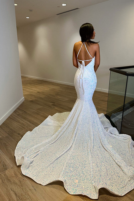 Showprettydess White Deep V-Neck Laser Light Sleeveless Mermaid Princess Prom Dress with Trumpet Open Back-showprettydress
