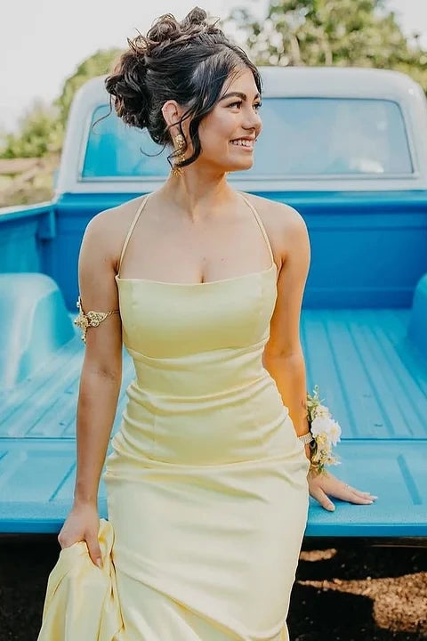 Showprettydess Yellow Sleeveless Spaghetti-Strap Square Mermaid Prom Dress-showprettydress