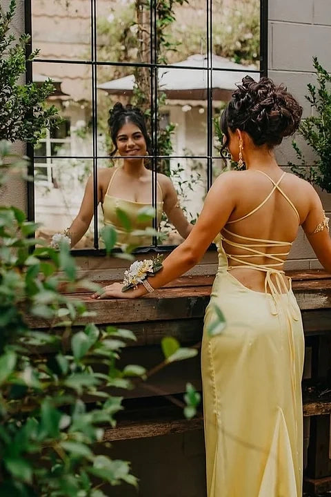 Showprettydess Yellow Sleeveless Spaghetti-Strap Square Mermaid Prom Dress-showprettydress