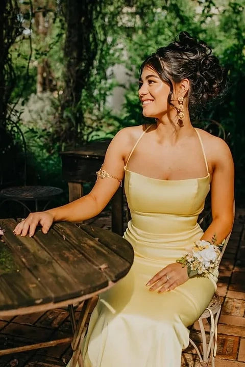 Showprettydess Yellow Sleeveless Spaghetti-Strap Square Mermaid Prom Dress-showprettydress