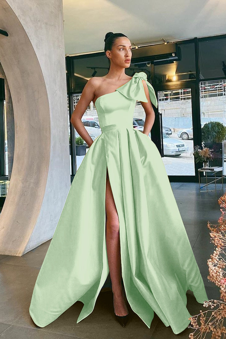 Showprettydess Yellow Split One-Shoulder Prom Dress with Pockets-showprettydress