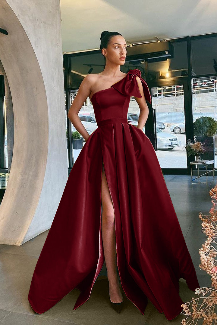 Showprettydess Yellow Split One-Shoulder Prom Dress with Pockets-showprettydress