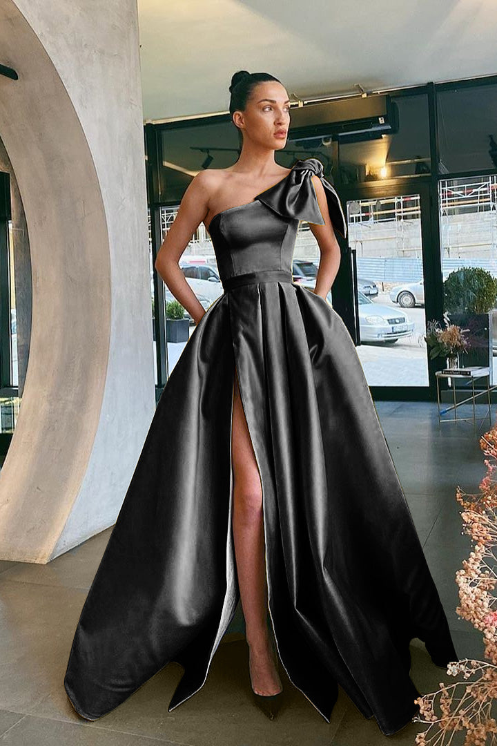 Showprettydess Yellow Split One-Shoulder Prom Dress with Pockets-showprettydress