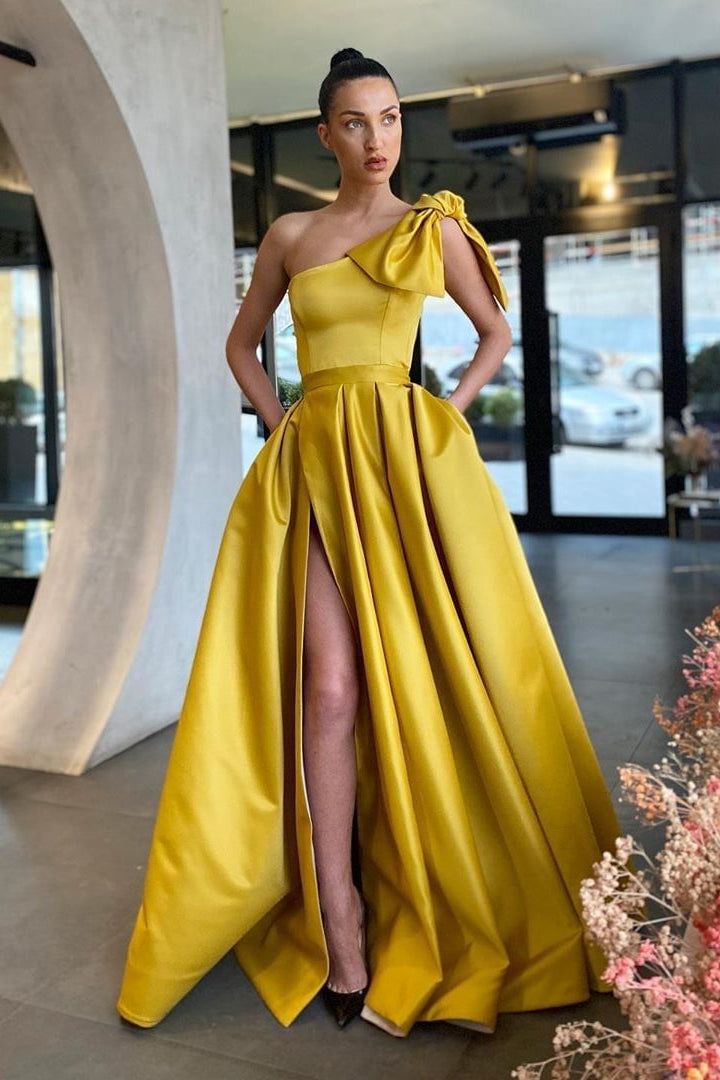 Showprettydess Yellow Split One-Shoulder Prom Dress with Pockets-showprettydress