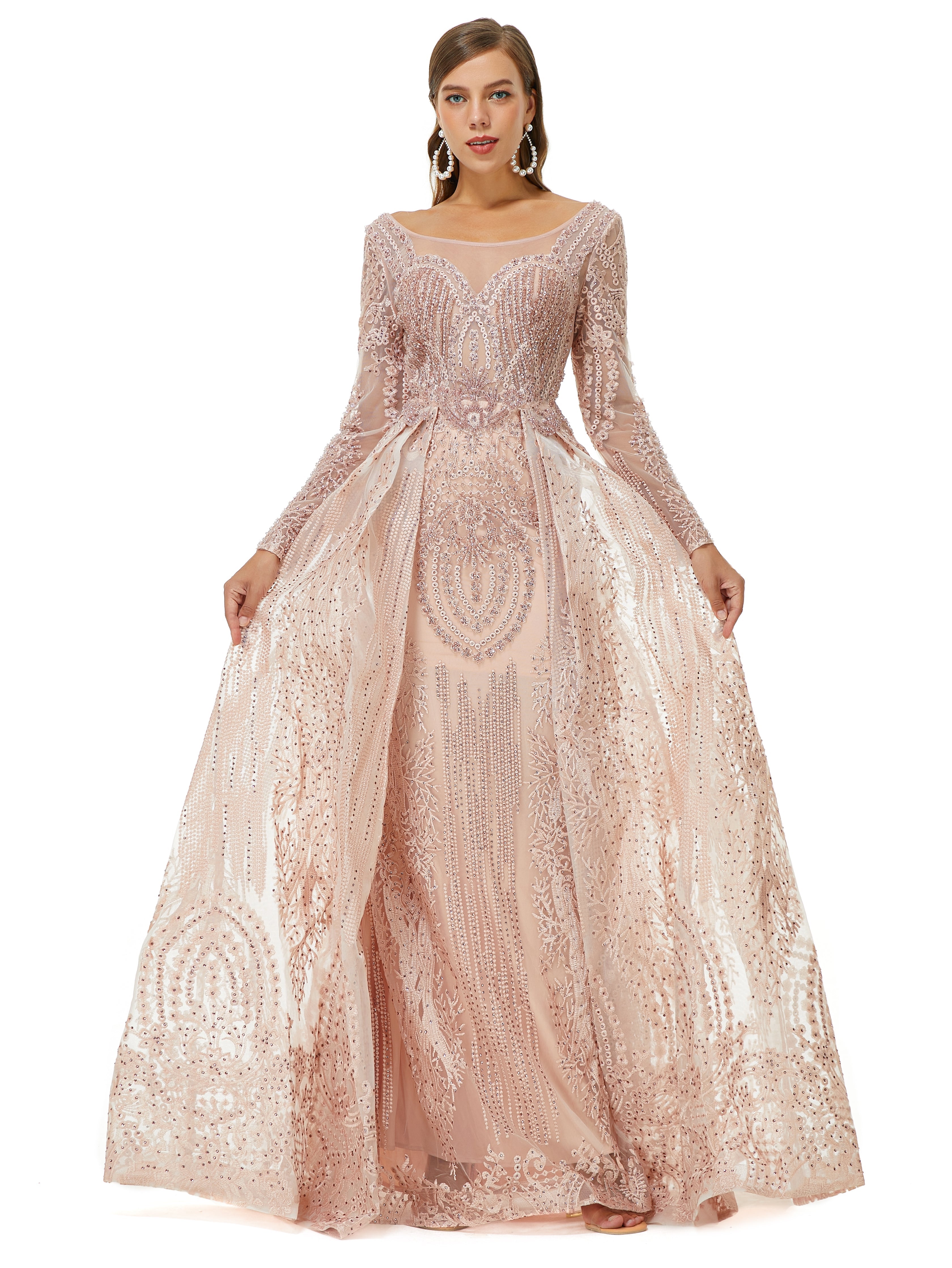 Showprettydress Design | Champange Sparkle Beaded Long Sleeves Prom Dresses with Overskirt-showprettydress