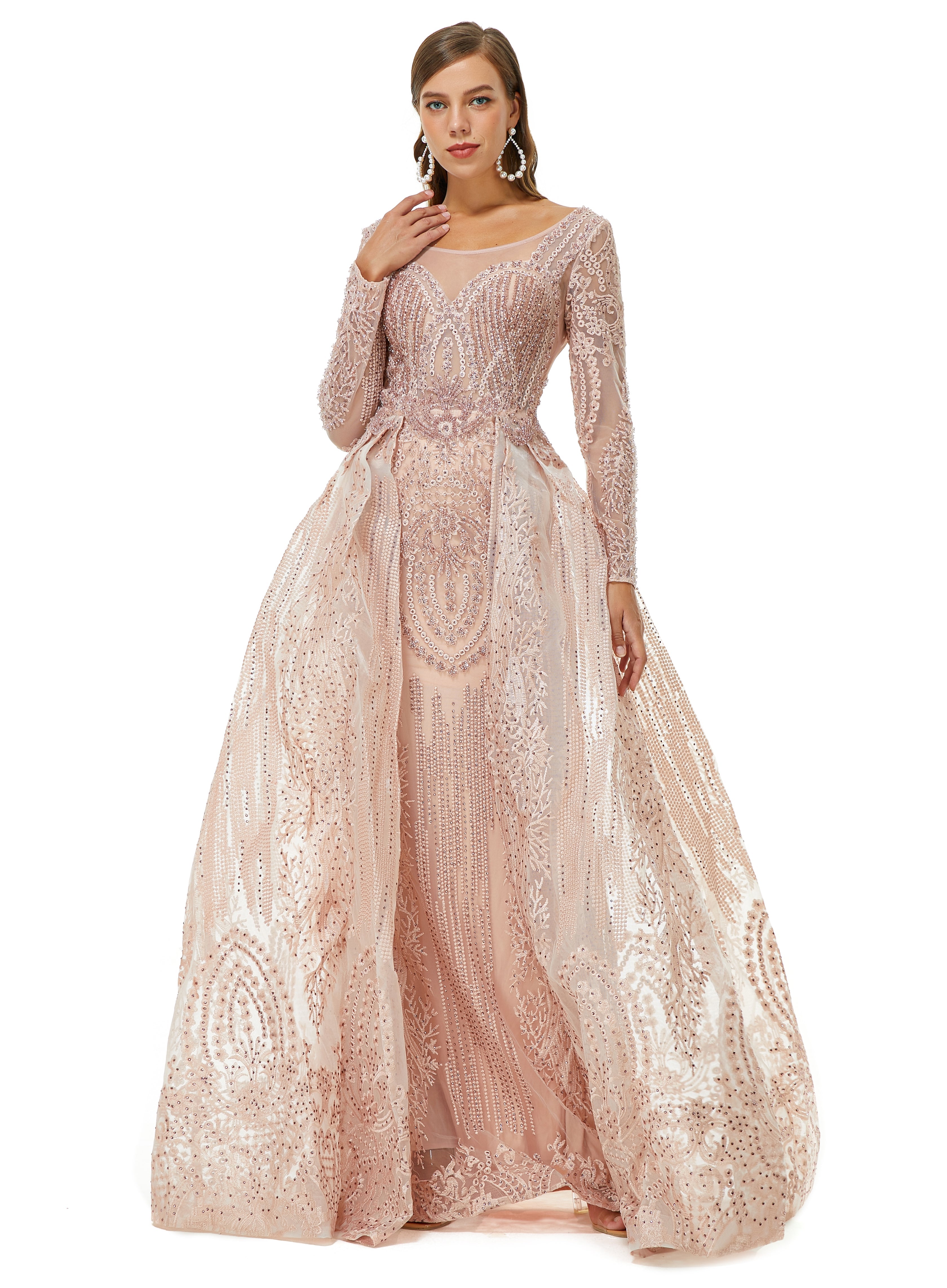 Showprettydress Design | Champange Sparkle Beaded Long Sleeves Prom Dresses with Overskirt-showprettydress