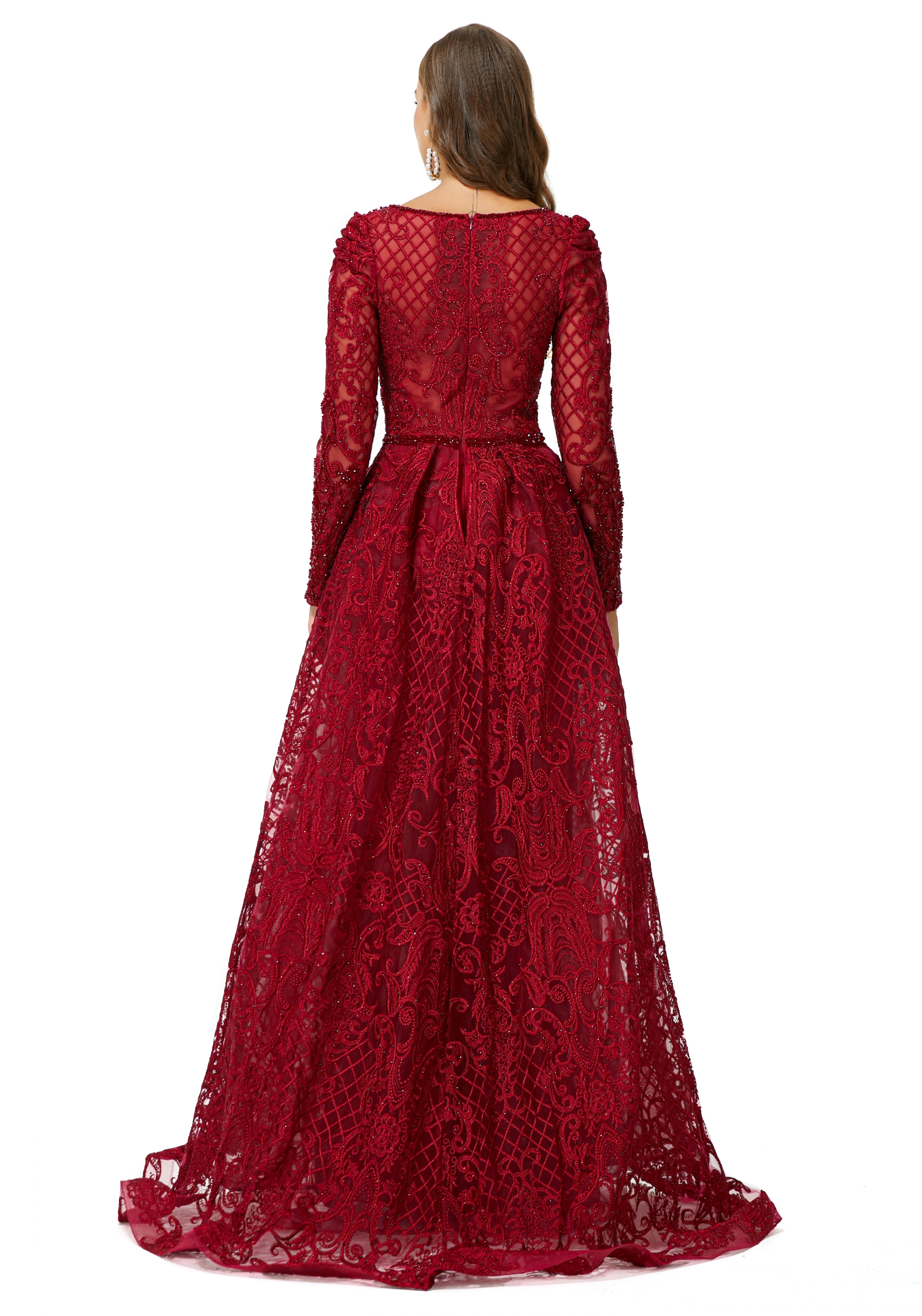 Showprettydress Design | Sparkle Beaded Wine Red Long Sleeves Prom Dresses-showprettydress