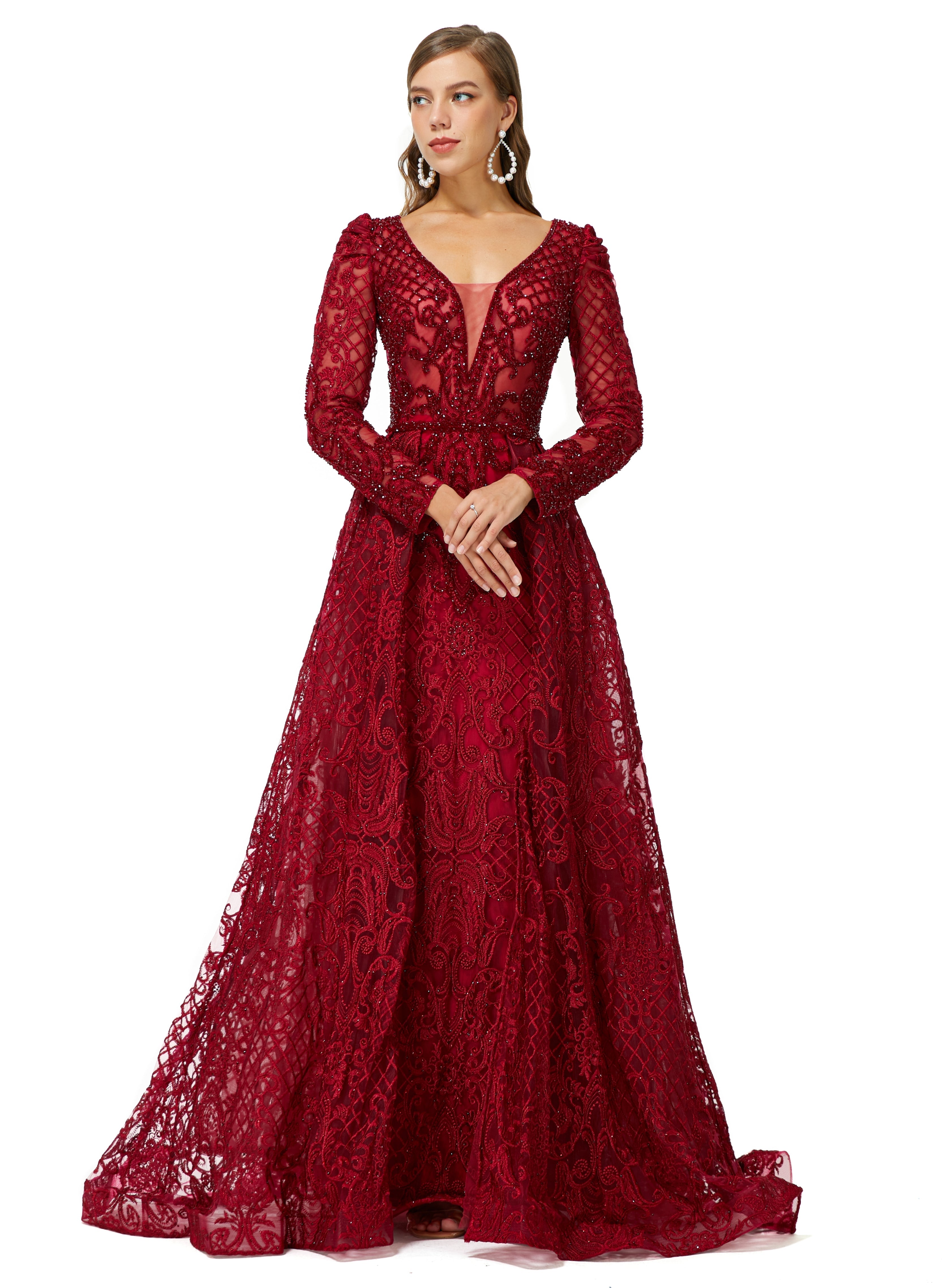 Showprettydress Design | Sparkle Beaded Wine Red Long Sleeves Prom Dresses-showprettydress
