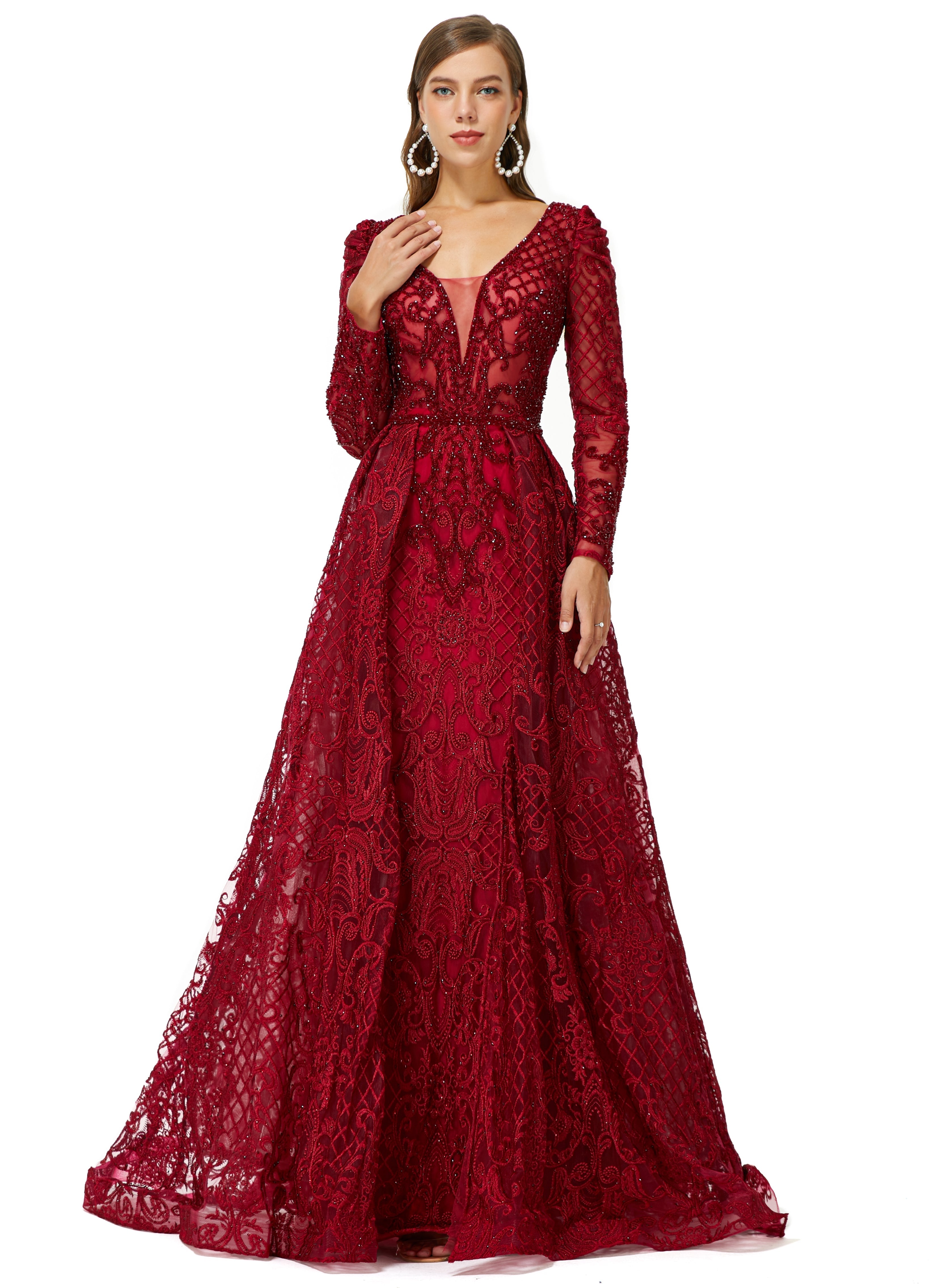 Showprettydress Design | Sparkle Beaded Wine Red Long Sleeves Prom Dresses-showprettydress