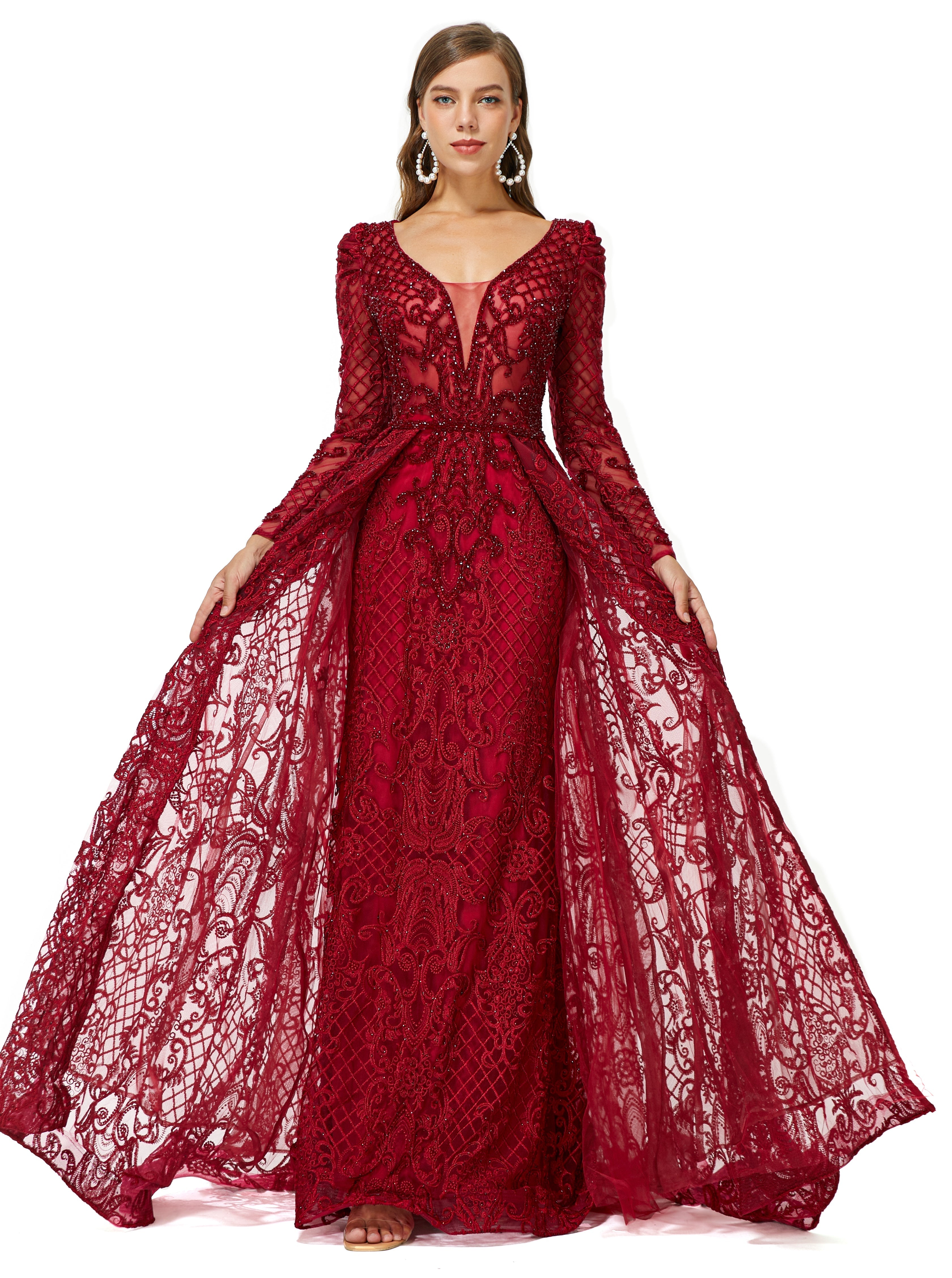 Showprettydress Design | Sparkle Beaded Wine Red Long Sleeves Prom Dresses-showprettydress