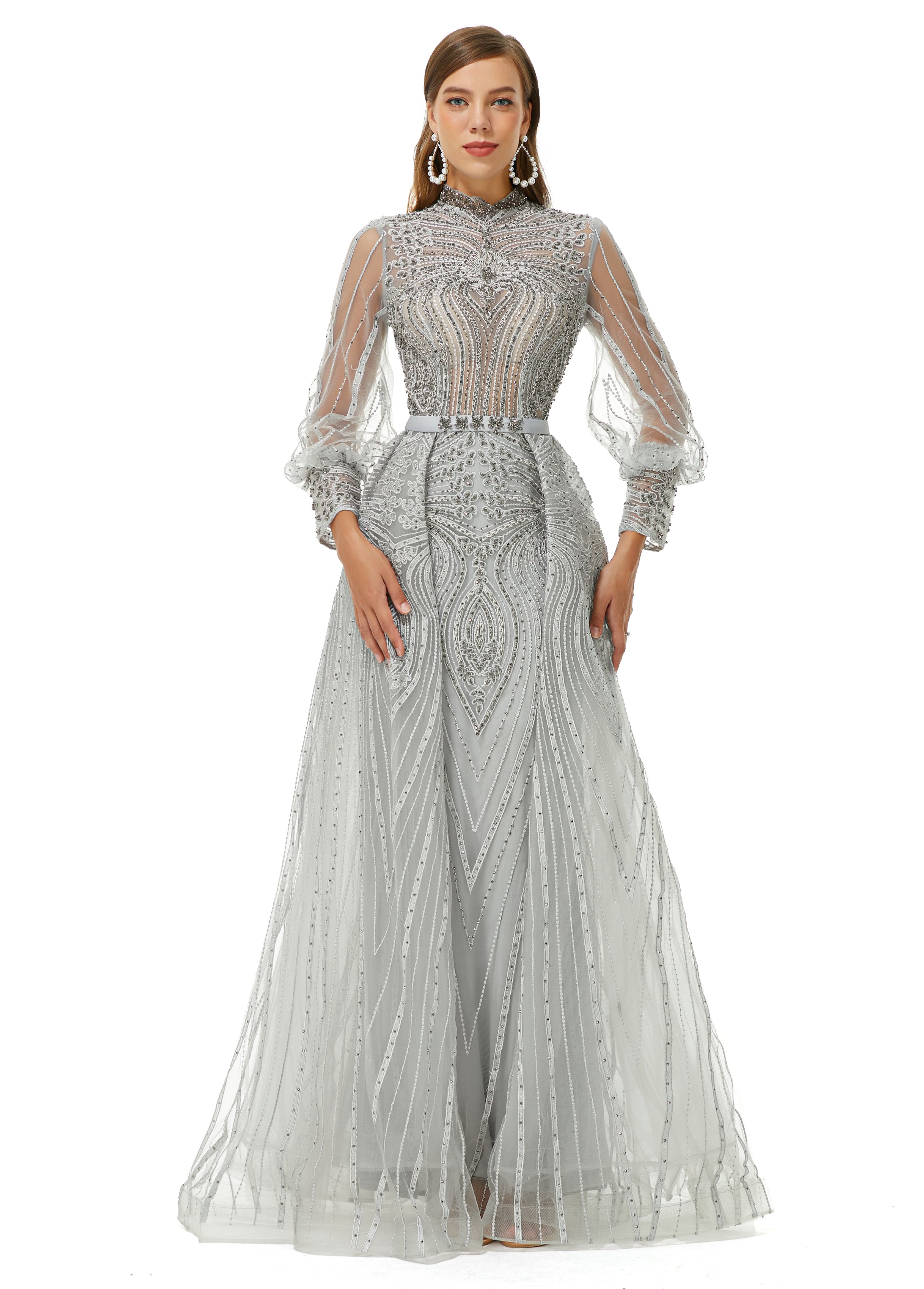 Showprettydress Design | Sparkle Gray Beaded Mermaid Long sleeves Prom Dresses with Overskirt-showprettydress