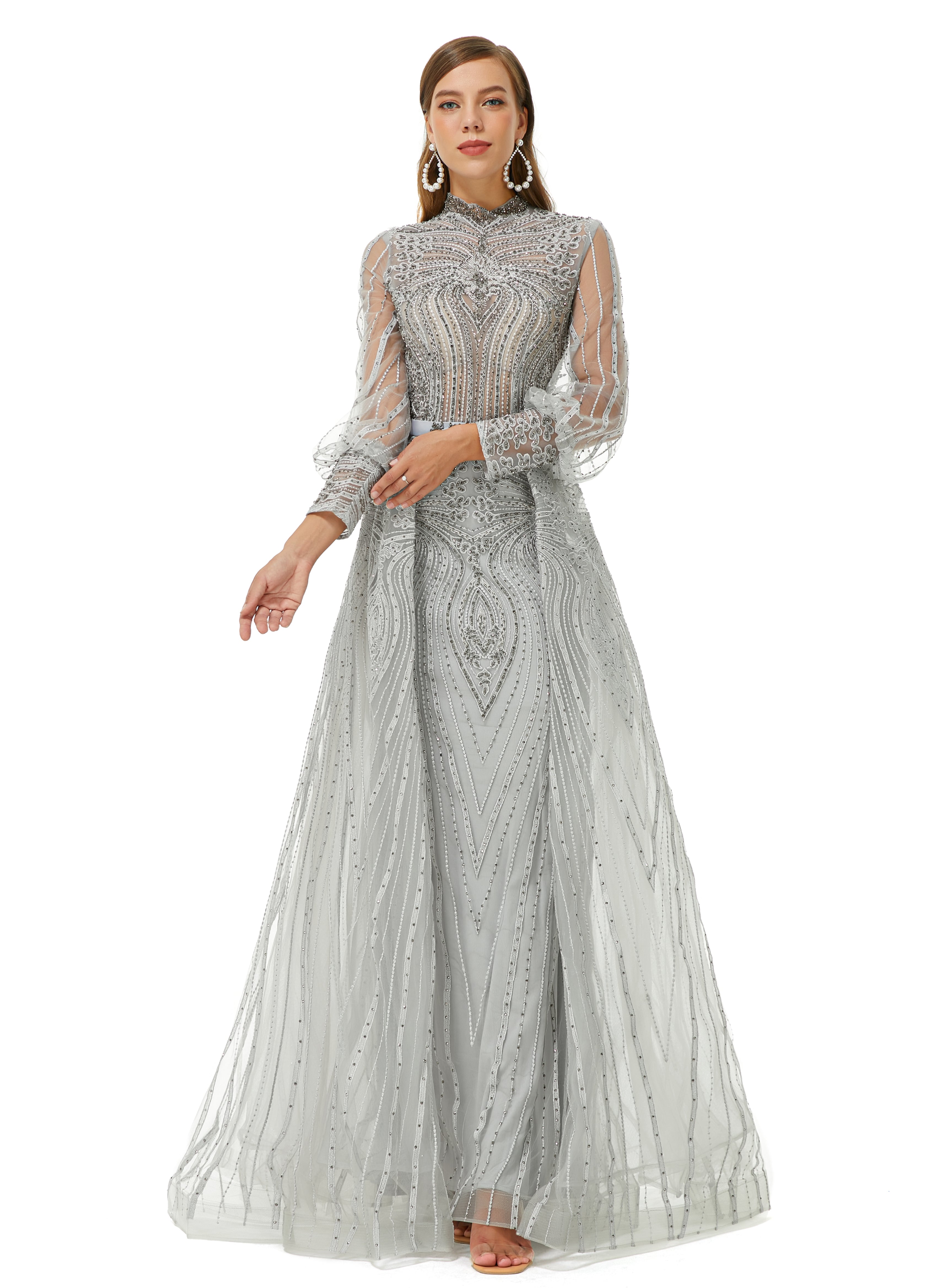 Showprettydress Design | Sparkle Gray Beaded Mermaid Long sleeves Prom Dresses with Overskirt-showprettydress