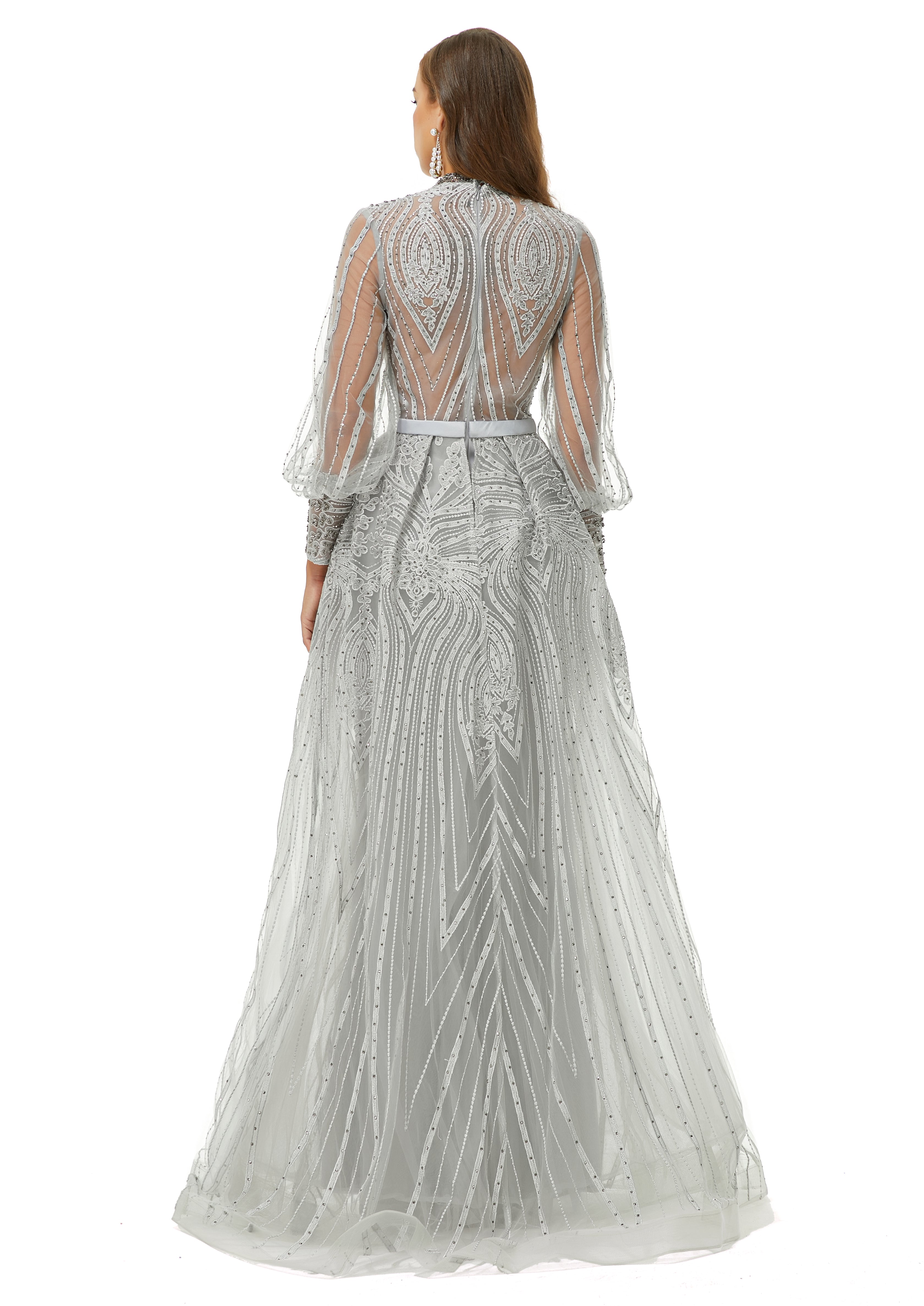 Showprettydress Design | Sparkle Gray Beaded Mermaid Long sleeves Prom Dresses with Overskirt-showprettydress