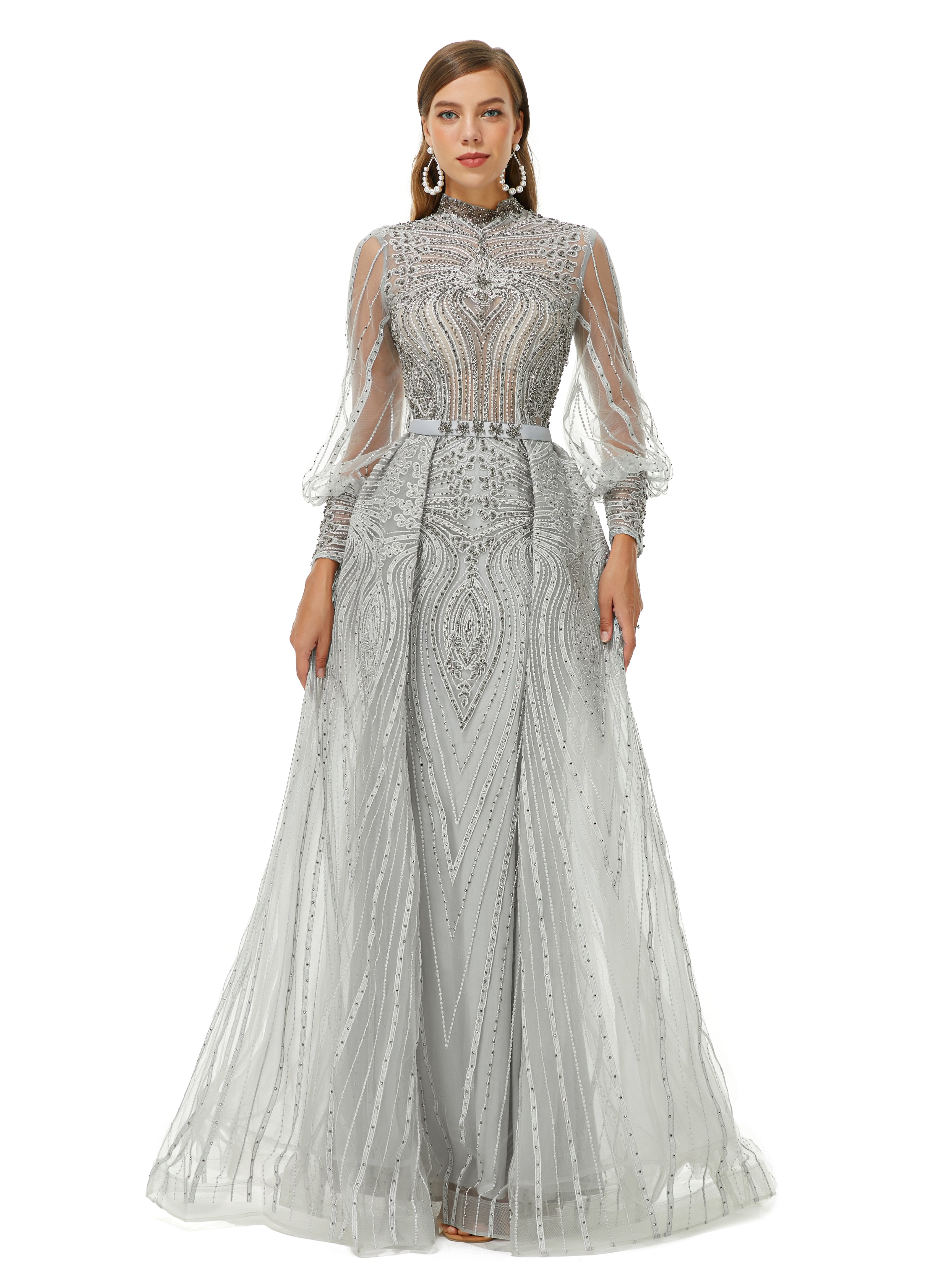 Showprettydress Design | Sparkle Gray Beaded Mermaid Long sleeves Prom Dresses with Overskirt-showprettydress
