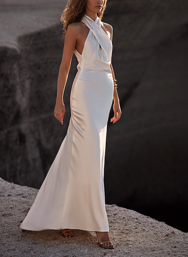 Silk Like Satin Wedding Dresses Sheath Fitted Halter Sleeveless Sweep Train-Showprettydress