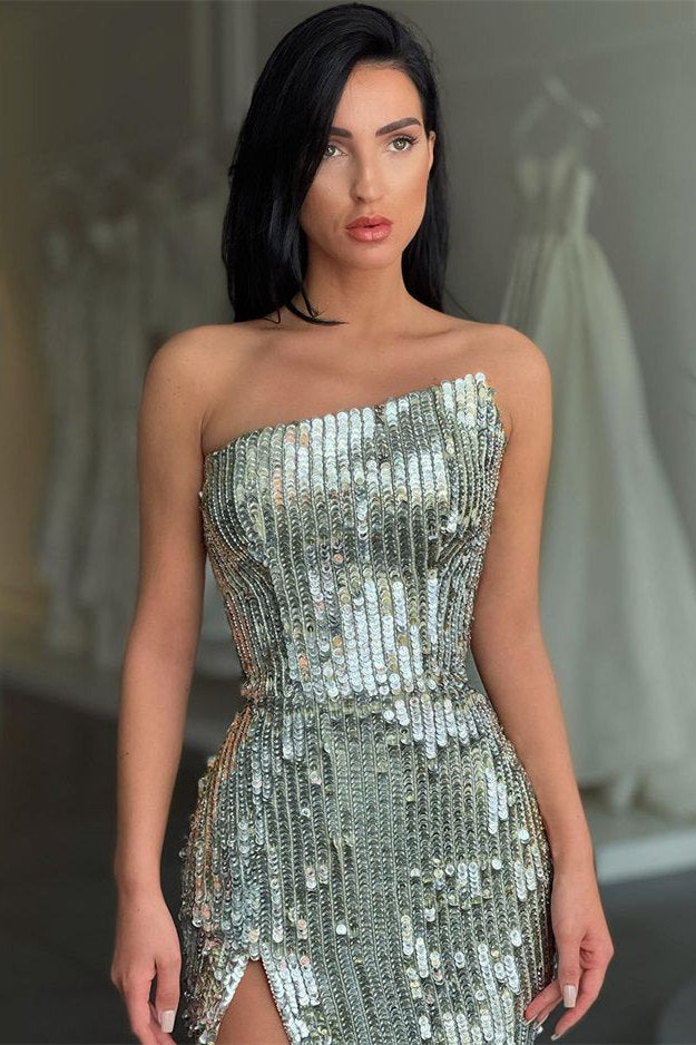 Silver Long Mermaid Sequin Asymmetric Neckline Prom Dress with Slit-showprettydress