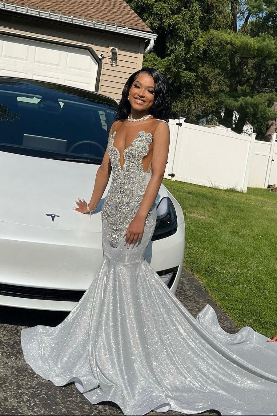 Silver Long Mermaid Sequined Beading Sleeveless Prom Dresses-showprettydress